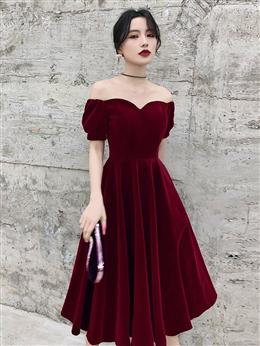 Picture of Lovely Wine Red Color Short Sleeves Velvet Homecoming Dresses, Burgundy Prom Dresses Formal Dresses
